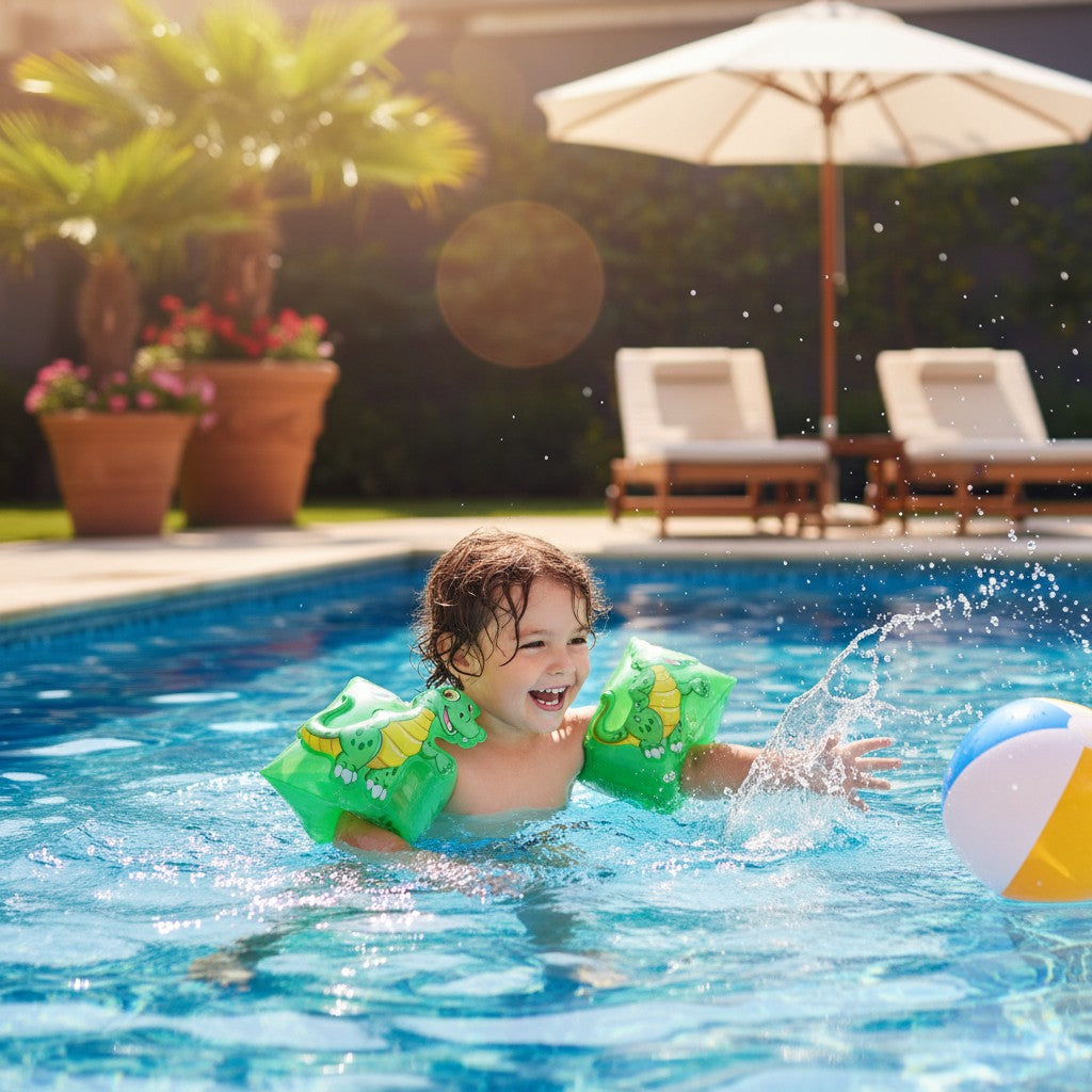 Super Paradise green inflatable dinosaur arm floaties for kids, made of PVC, for swimming.